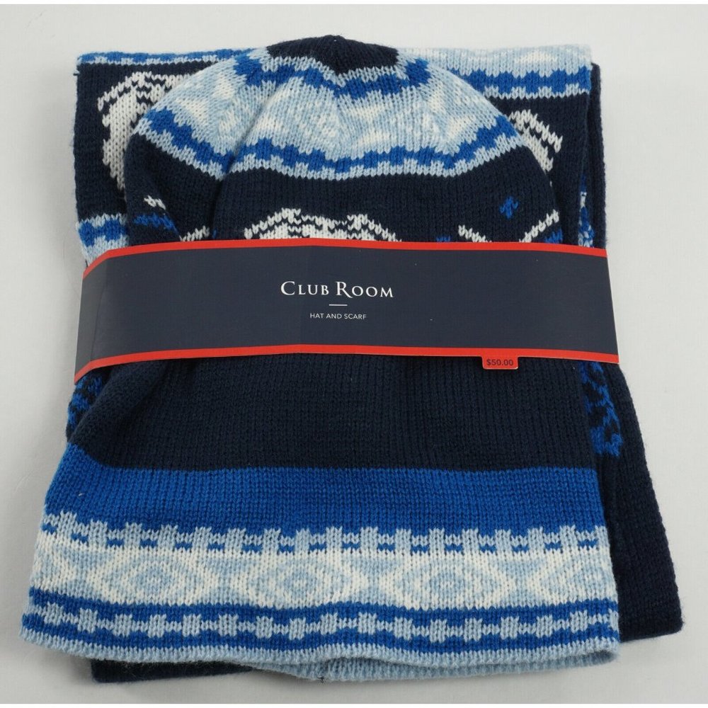 New 50$ Club Room Men's Regular Bulldog Beanie Hat & Scarf Set Blue Knit Acrylic